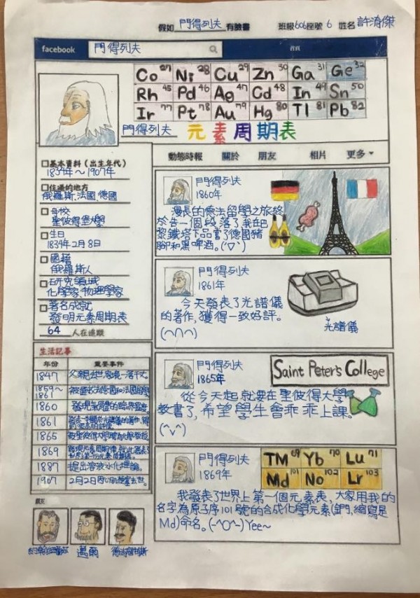 台北市有名國小老師設計了一份作業，讓學生挑選科學家並為他們設計「臉書頁面」。（圖擷自「飛天麻辣郭」臉書）