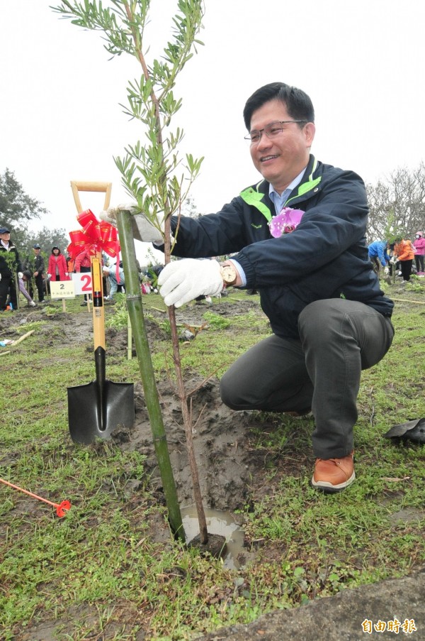 台中市長林佳龍親種樹苗，盼8年100萬棵樹計畫，可以圓滿達成。（記者李忠憲攝）