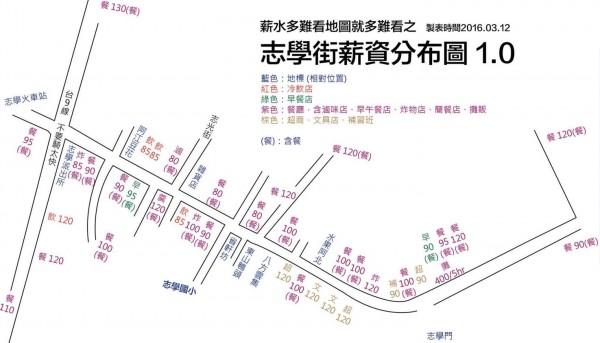 東華大學學生勞動權利促進會畫出一張附近店家打工的薪資地圖，大部分的商家都沒有達到法定標準。（圖擷取自東華大學學生勞動權利促進會臉書粉絲團）