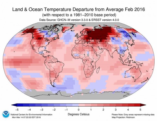 國外氣候研究機構數據顯示，今年2月是全球137年來最熱的2月，更比往年平均值高了1.21度。（圖擷自NCEI）