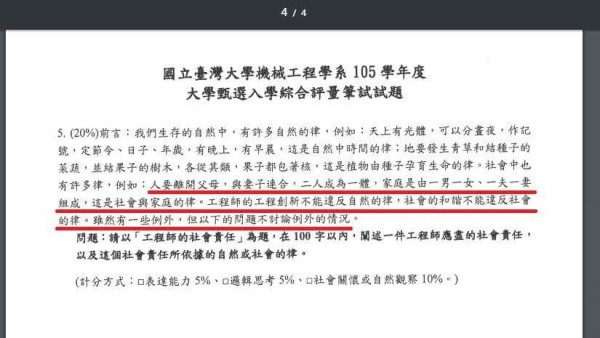 台大機械系今年某題入學考題引用多段聖經經文，強調家庭由「一夫一妻」組成，不能違反此律，引發爭議。（圖擷自PTT八卦板）