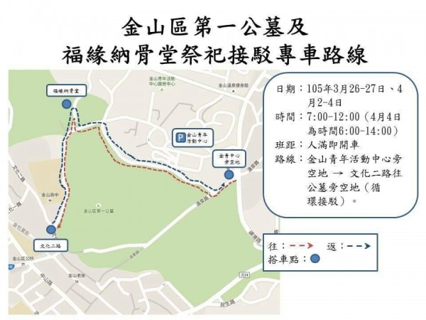 金山區第一公墓及納骨塔接駁車路線圖。（記者吳政峰翻攝）