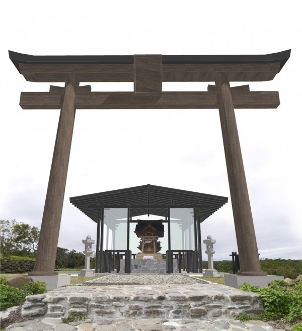 日本捐贈屏東牡丹鄉高士村高士神社大鳥居完成後的樣子，象徵台日友好，預定五月七日舉行豎立儀式。（趙伯聿製作）