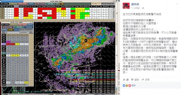 中央氣象局預報中心主任鄭明典今天在臉書上表示，氣象局將在5月1日推出最新一代的「大雷雨及時預警系統」。（圖片取自鄭明典臉書）