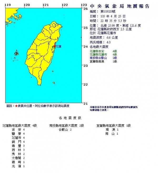 花莲今日晚间发生芮氏规模4.0的地震。（图撷取自中央气象局）