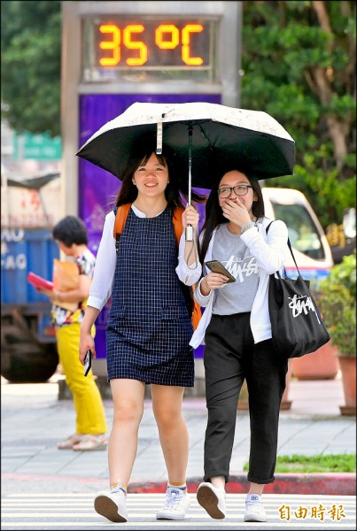 昨天台北街頭的溫度計飆出三十五度高溫，行人撐傘遮擋烈日。（記者廖振輝攝）