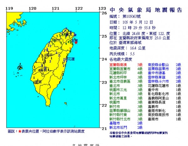 12點29分北台灣再度發生規模5.5餘震。（圖擷取自中央氣象局）