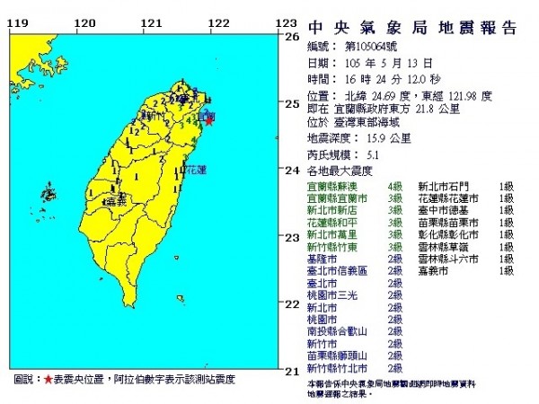 繼昨天東部海域出現規模5.8地震，今下午4點24分又發生芮氏規模5.1地震。（圖擷取自中央氣象局網站）