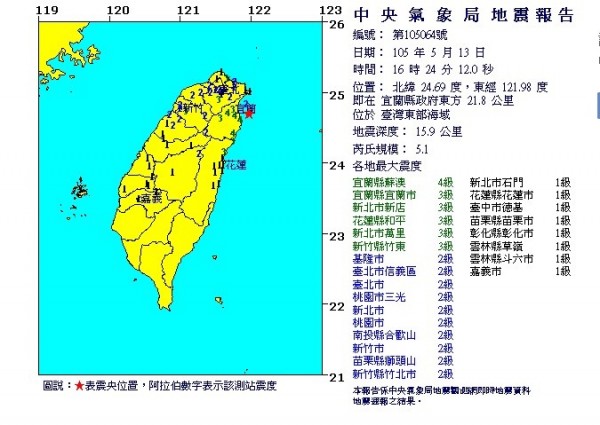 今天下午4點24分再度發生地震，新北市震度達3級。（圖擷取自中央氣象局）