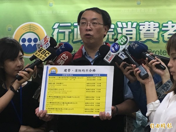 消保官王德明指出，宜蘭縣北門全聯在建築安全管理上不符合規定項目最多；而在安全管理檢查中則是台中的鞋全家福違規項目最多。（記者林彥彤攝）