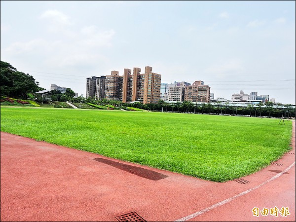 錦和運動公園將作為世大運足球賽的練習場地，翠綠的草地將置換為人工草皮，引發民眾疑慮。（記者何玉華攝）