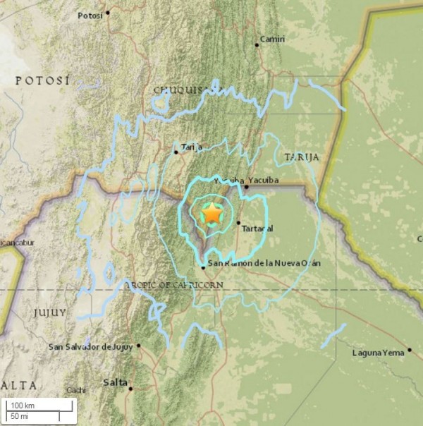美國地質調查局（USGS）指出，中南美洲國家阿根廷塔塔加爾（Tartagal）稍早發生芮氏規模5.5地震。（圖擷取自美國地質調查局網站）
