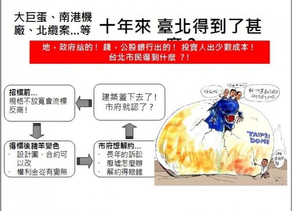 大巨蛋專案報告政治漫畫。（圖：擷自專案報告內容）