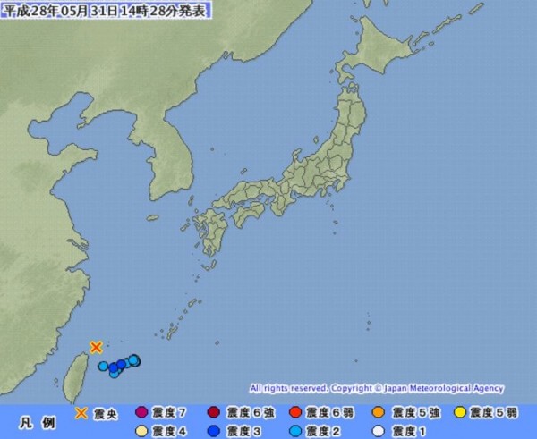 日本氣象廳稍早也發布地震警報，沖繩縣石垣島、西表島也感受到地震搖晃。（圖擷取自日本氣象廳）