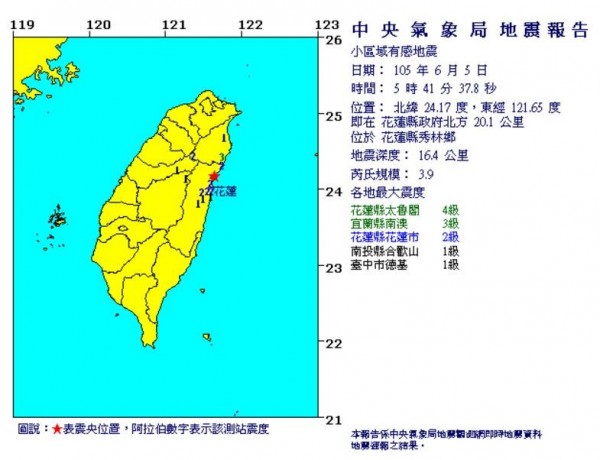 花蓮在清晨5點25分發生兩起地震，一是芮氏規模4.1，地震深度為10.1公里。（圖片取自氣象局）