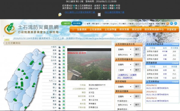 農委會水土保持局上午發布土石流警戒，紅色警戒6條、黃色警戒7條，都位在屏東縣。（圖擷自農委會水土保持局網頁）