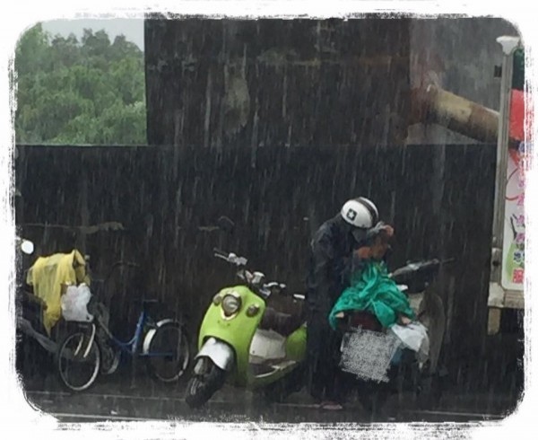 祖孫在雨中等「剩食」的照片讓網友們為之鼻酸。（記者黃佳琳翻攝）