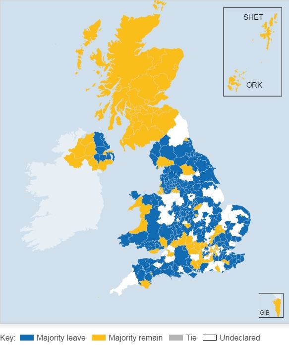 據最新開票結果統計，英國北方如蘇格蘭、北愛爾蘭傾向留歐，南方英格蘭、威爾士傾向脫歐。（圖擷自BBC）