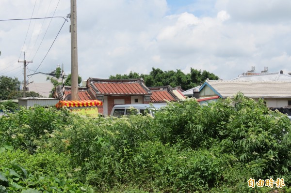 台中市神岡區「大夫第自辦重劃工程」，因多數地主反對，台中市政府暫緩實施。圖為大夫第自辦市地重劃位在古蹟大夫第（後方古厝即是）旁，雜草叢生。（資料照，記者謝鳳秋攝）