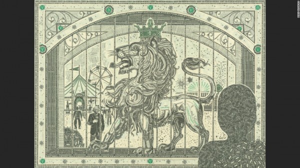 美籍艺术家马克‧瓦格纳（Mark Wagner）用绿色和黑色的美钞拼贴出神话生物（图撷取自CNN）