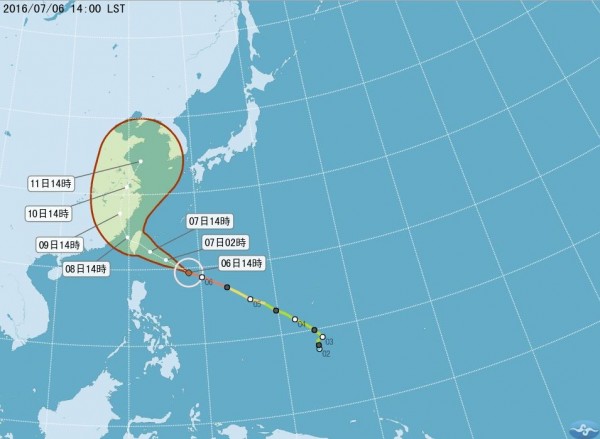 強颱尼伯特暴風圈，大約在7日下午2時碰觸台灣陸地。（圖擷取自中央氣象局網站）