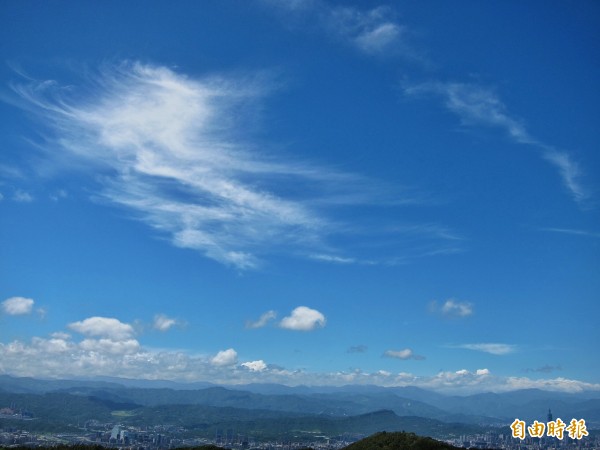 尼伯特今日凌晨轉為強度颱風，大台北天空呈現「雲角長了毛」的颱風前夕景象。（記者張嘉明攝）