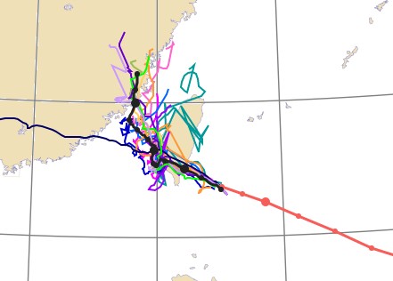 吳德榮以颱洪中心系集預報圖說明，颱風登陸受陸地影響，路徑預測呈現「天女散花」，表示見尼伯特路徑預報的最大挑戰才要（圖擷自吳德榮「洩天機教室」網站）