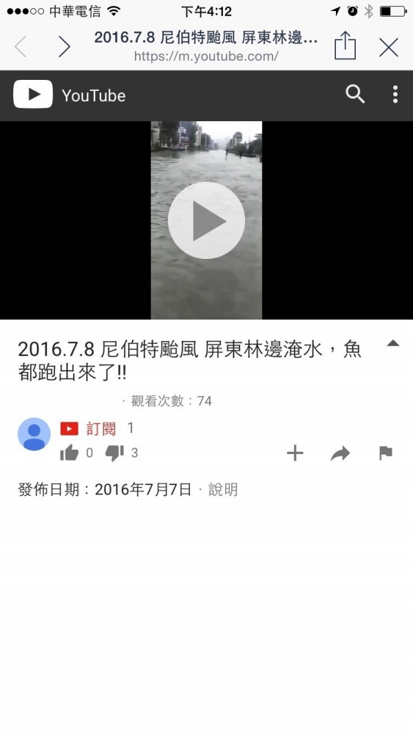 「林邊淹水還有魚在游」假影片在網路上瘋傳。（翻攝自youtube）