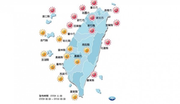 今日北部、東部，紫外線指數達過量級。（圖擷取自環保署空氣品質監測網）