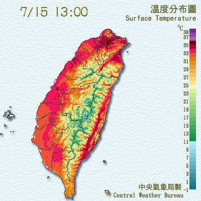 中央氣象局表示，今天白天氣溫偏高，目前基隆及大台北地區高溫已達36度。（圖擷取自中央氣象局）