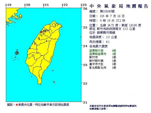 中央氣象局表示，今天上午9點19分，苗栗縣發生規模4.1地震，震央位於新竹市政府西南方13.5公里，地震深度3.5公里。（圖截自中央氣象局）