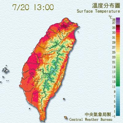 全台今天中午都是高溫炎熱天氣。（圖擷取自中央氣象局網站）