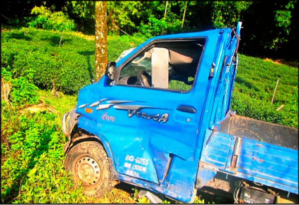 南投縣竹山鎮林姓男子連同小貨車一起翻落邊坡，車頭與車身嚴重受損。
（記者謝介裕翻攝）