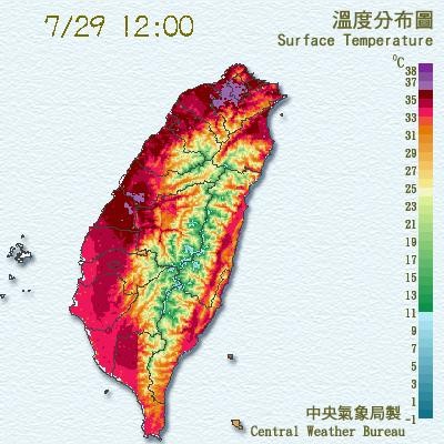 中央氣象局上午12時發布即時天氣訊息，表示大臺北地區高溫已達38度，中部上看37度，籲外出民眾注意補充水分，慎防中暑。（圖擷自中央氣象局）