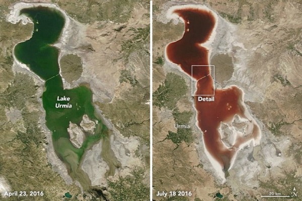 伊朗爾米亞湖今年4月（左）和7月（右）的衛星照片。（圖擷自NASA）