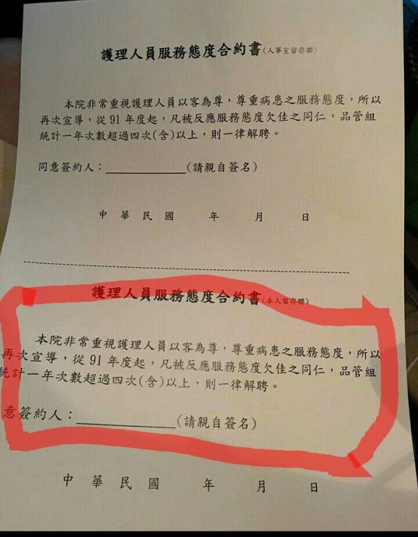 某醫院的合約書要求護理人員「以客為尊」，若遭投訴多次就會被解聘。（圖擷自護理正義臉書專頁）