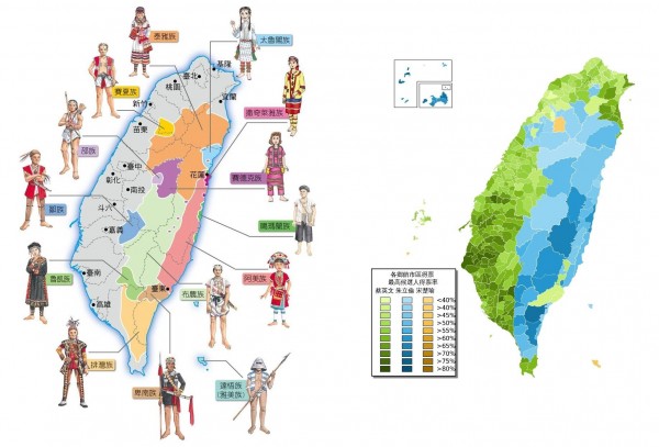 潘建志將台灣原住民分布圖，以及2016總統大選各候選人得票率分布圖拿來比較，可見原住民的分布地區，和國民黨候選人支持率較高的地區幾乎重疊。（圖擷取自潘建志臉書）