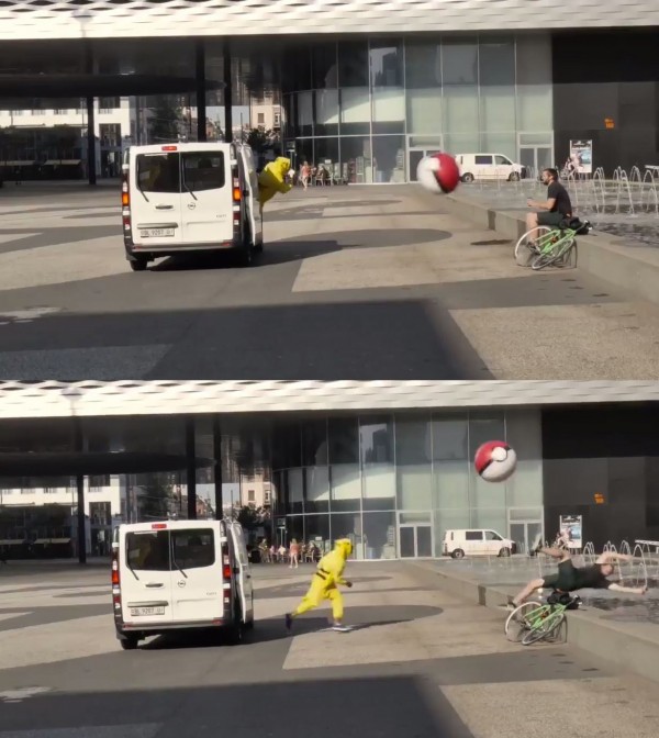 瑞士城市「巴塞爾」拍攝觀光宣傳片，影片一開始，「皮卡丘」丟出的寶貝球，直接把玩家打入水池中。（圖擷取自影片）