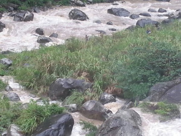 南投一場午后雷陣雨，造成加走寮溪河水暴漲（見圖），有5名釣客受困高灘地，幸無生命危險。（記者謝介裕翻攝）