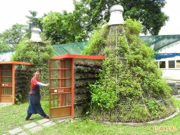 廖嫦玲的露營區有仿印地安帳的建築，外觀由植栽包覆，不僅是美麗花屋，也能提供遊客露營。（記者佟振國攝）