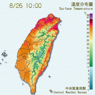 氣象局26日10時10分指出，大台北地區高溫已達36度，並有37度高溫發生的機率。（圖擷自中央氣象局）