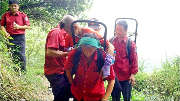 雲龍瀑布的遊客遭虎頭蜂螫傷，其中一名男子嚴重過敏昏迷，經施藥雖恢復意識，但仍需消防員背負下山。（記者劉濱銓翻攝）