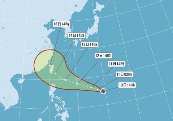 氣象局目前預估颱風13日至15日最接近台灣，中秋假期恐受影響。（圖擷取自中央氣象局）