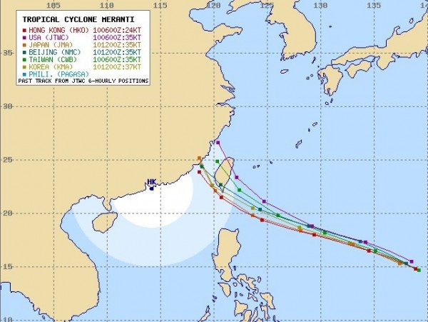 莫蘭蒂颱風今（10）下午生成，韓國、日本、美國、中國等氣象局公布的颱風路徑預測，顯示颱風將於中秋節（15日）附近直撲台灣而來。（圖擷取自typhoon2000）