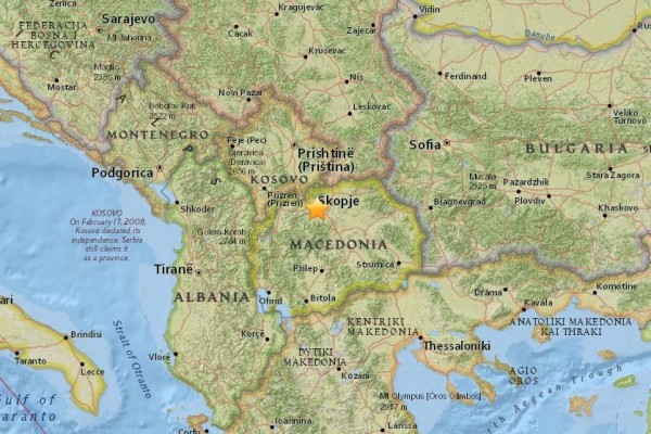 美國地質調查所指出，馬其頓首都史高比耶今日在格林威治時間13點10分（台灣時間20點10分）發生芮氏規模5.3地震。（圖擷取自美國地質調查所網站）