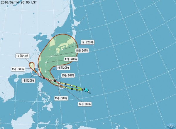 中颱馬勒卡逐漸往東北部外海前進，預計週五、週六離台灣最近，最快明深夜發布馬勒卡海警。（圖取自中央氣象局）