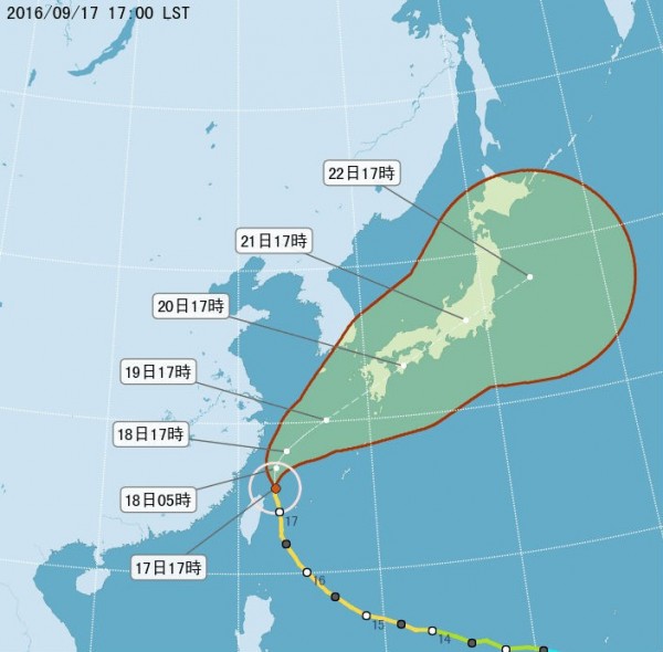 馬勒卡颱風逐漸北移，根據中央氣象局最新的海上陸上颱風警報，苗栗、台中、南投已經脫離警戒區域。（圖取自中央氣象局）