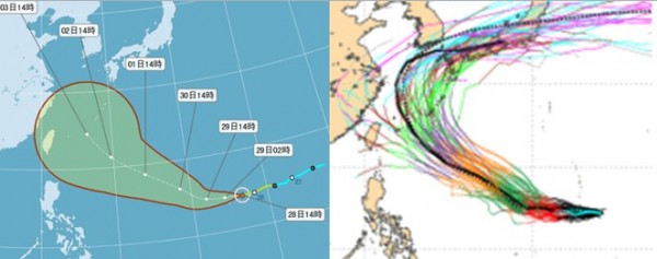 左圖：中央氣象局28日14時路徑潛勢預測圖。右圖：歐洲中期預報中心（ECMWF）的51次系集模擬顯示，受太平洋高壓西南側氣流的導引，「芙蓉」路徑大致朝台灣東北方、琉球這一帶而來，偏東側的機率略高於西側，但仍有極少數模擬通過台灣。（圖取自洩漏天機教室）