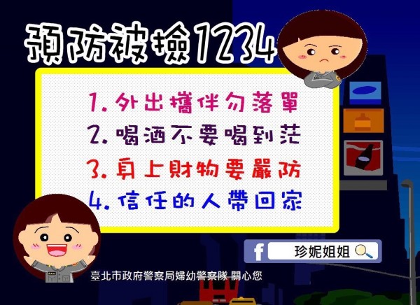 台北市婦幼警察隊為防撿屍性侵提出「預防被撿1234」4方法。（記者姚岳宏翻攝）