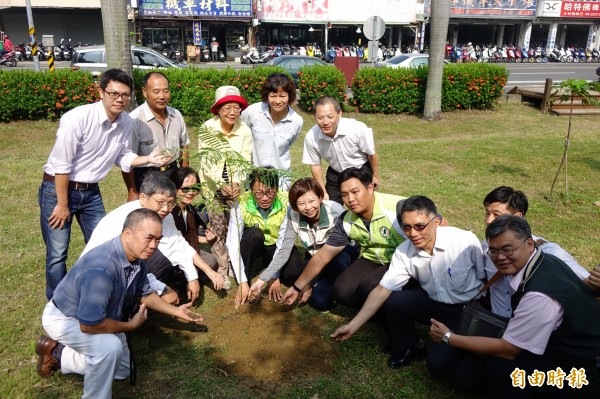 台南市老樹節促進會今天植下鳳凰木小幼苗，期望百年台南公園綠樹長青，長長久久。（記者洪瑞琴攝）